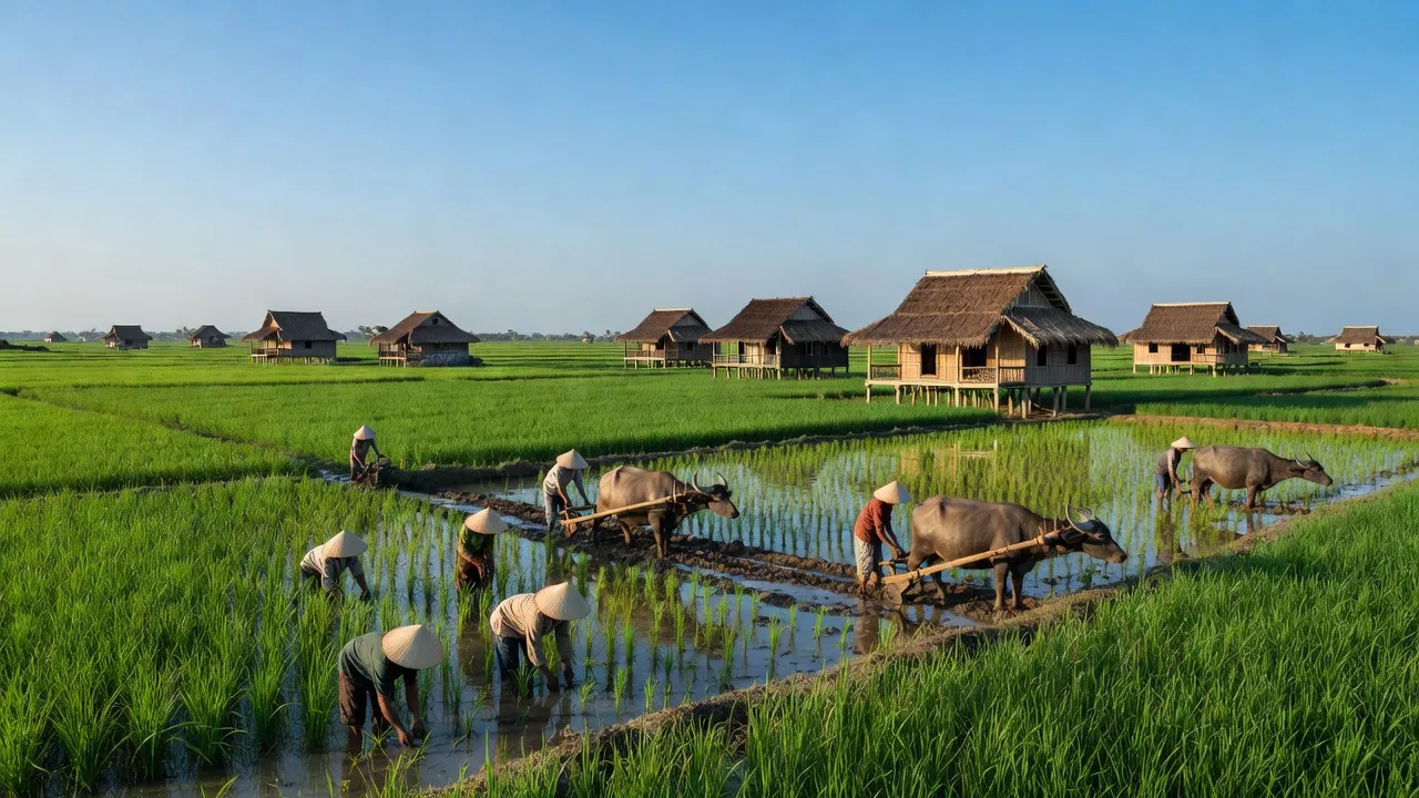 Khung cảnh làng quê yên bình ở Đại Hòa Lộc, Bình Đại, Bến Tre với cánh đồng xanh và người dân.