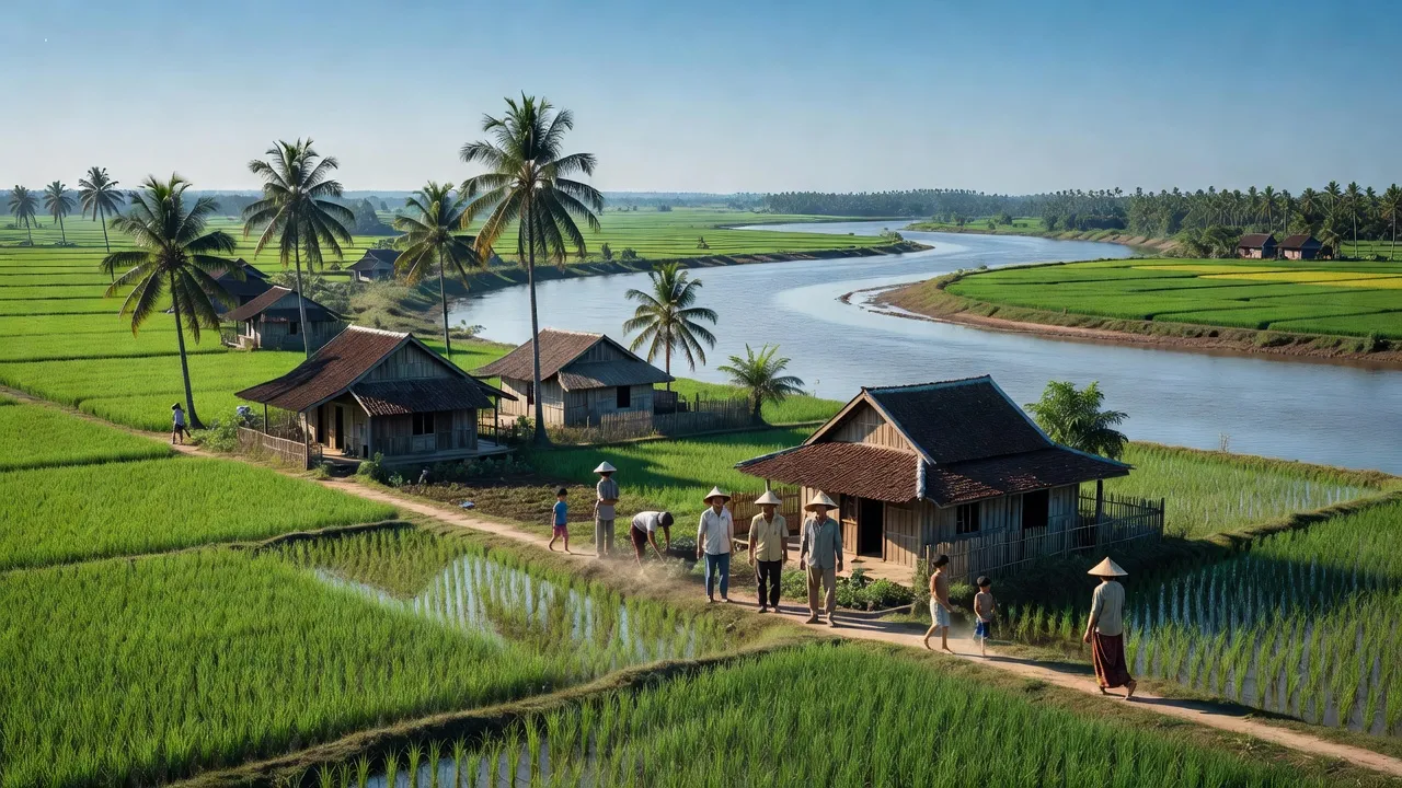 Khung cảnh xanh tươi của xã Long Định, huyện Bình Đại, tỉnh Bến Tre với ruộng lúa và sông.