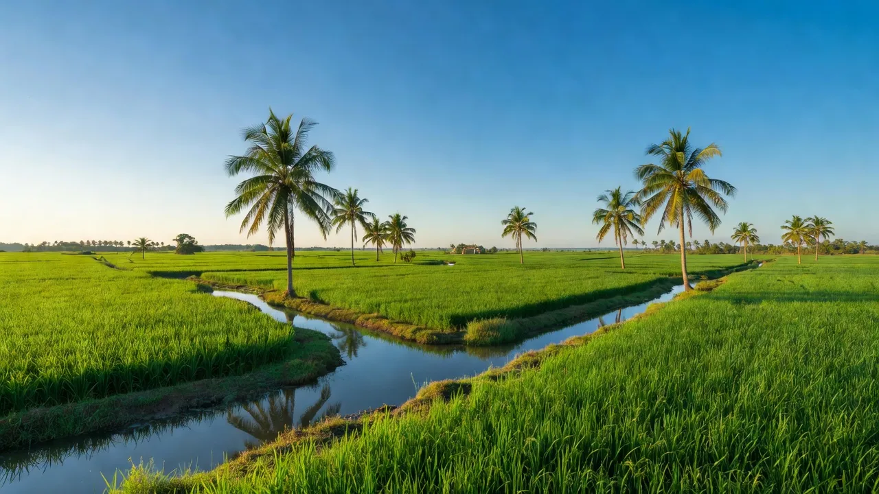 Cảnh đẹp xã Phú Long, huyện Bình Đại, tỉnh Bến Tre với cánh đồng xanh mát và kênh nước.