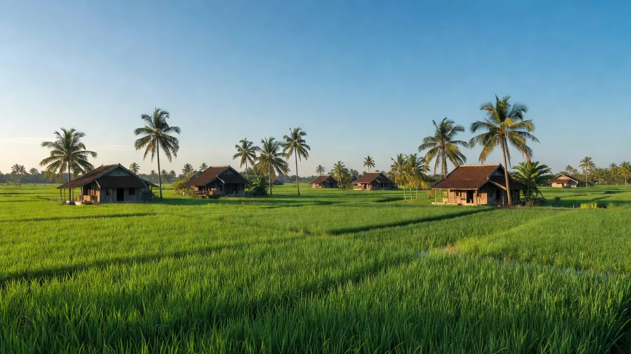 Khung cảnh bình yên xã Phú Thuận, huyện Bình Đại với cánh đồng xanh và nhà truyền thống.