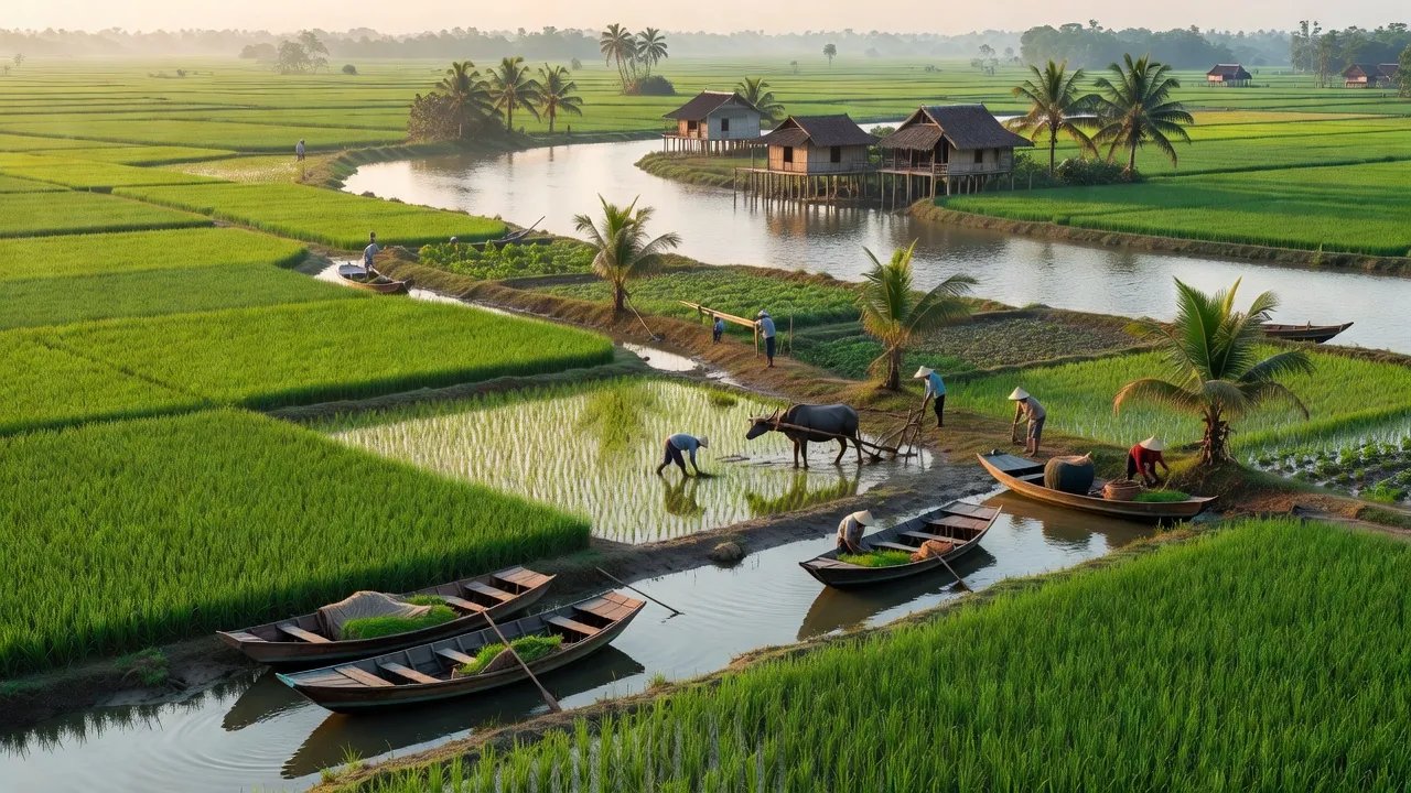 Cảnh đẹp xã Tam Hiệp, huyện Bình Đại, tỉnh Bến Tre với đồng xanh và sông nước, biểu tượng nông nghiệp.