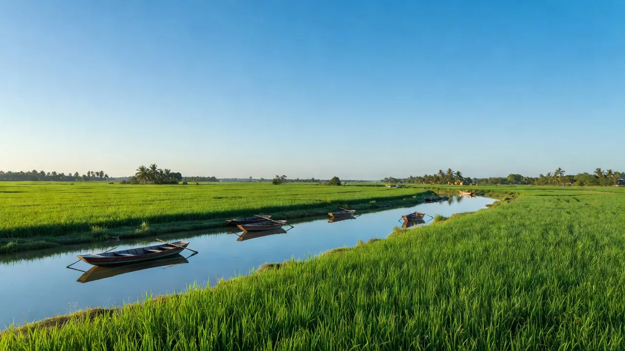 Khung cảnh bình yên tại xã Tam Hiệp, huyện Bình Đại, Bến Tre với cánh đồng xanh và sông nước.