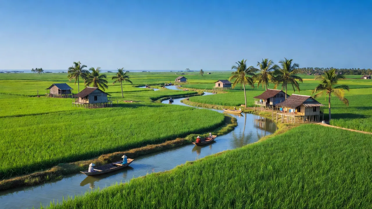 Cảnh đẹp xã Thạnh Phước, huyện Bình Đại, Bến Tre với ruộng xanh, kênh rạch và bầu trời trong xanh.