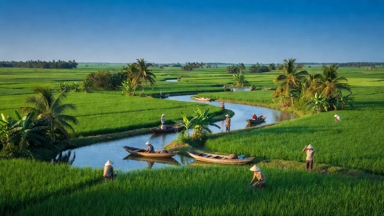 Cảnh đồng ruộng xanh tươi và kênh rạch ở xã Thạnh Phước, huyện Bình Đại, Bến Tre.