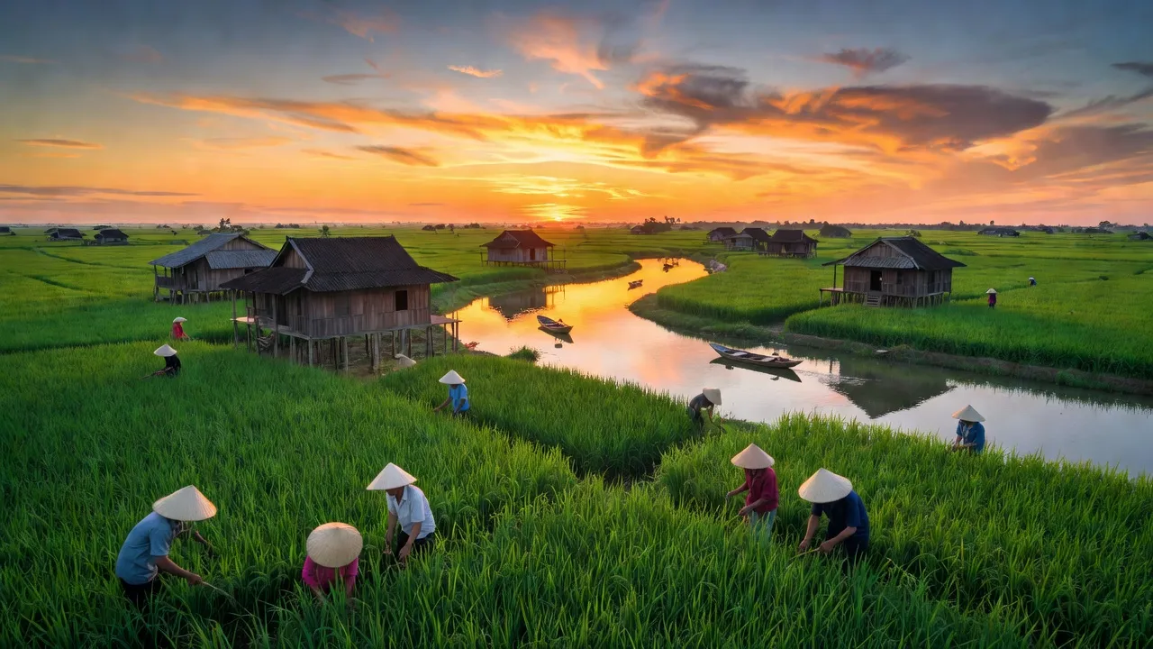 Khung cảnh làng Thạnh Trị, huyện Bình Đại, tỉnh Bến Tre với ruộng xanh và nhấn mạnh nông nghiệp.