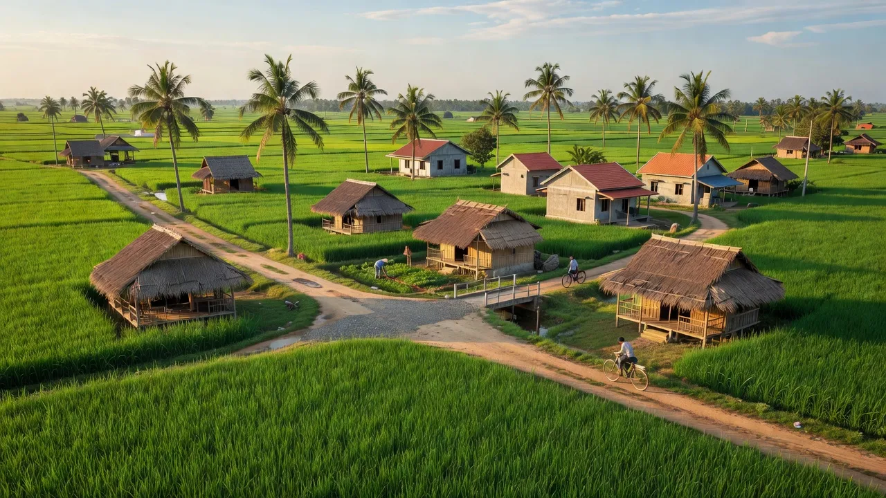 Cảnh đẹp xã Thới Lai, huyện Bình Đại, tỉnh Bến Tre với cánh đồng, đường nông thôn và nhà truyền thống.
