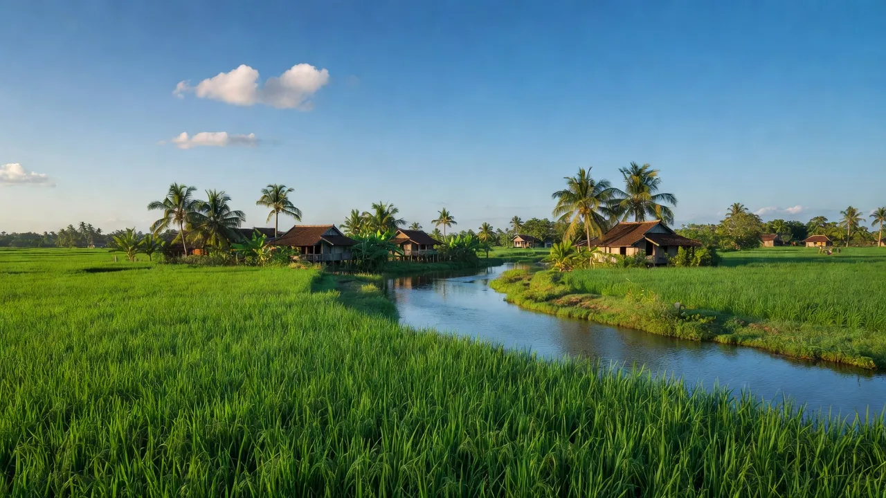 Khung cảnh yên bình ở xã Thới Thuận, huyện Bình Đại, tỉnh Bến Tre với cánh đồng và dòng sông.