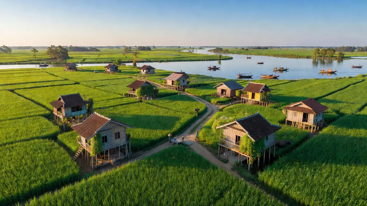 Cảnh quan xã Thừa Đức, huyện Bình Đại, tỉnh Bến Tre với đồng ruộng và kiến trúc nông thôn.