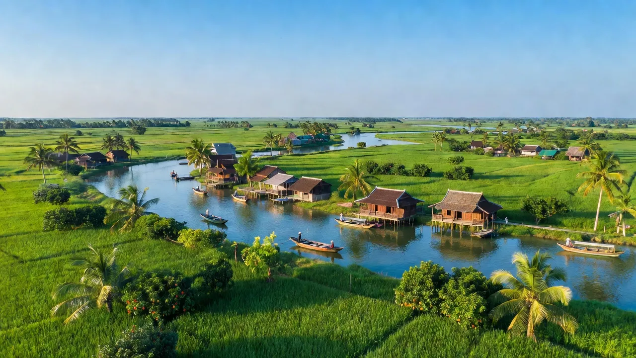Khung cảnh thiên nhiên Xã Thừa Đức, huyện Bình Đại, tỉnh Bến Tre, với cảnh đồng bằng sông Cửu Long.