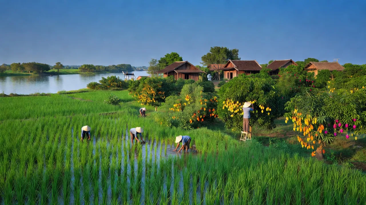 Cảnh quan xã Vang Quới Đông, huyện Bình Đại, tỉnh Bến Tre, với ruộng lúa và vườn cây ăn trái.