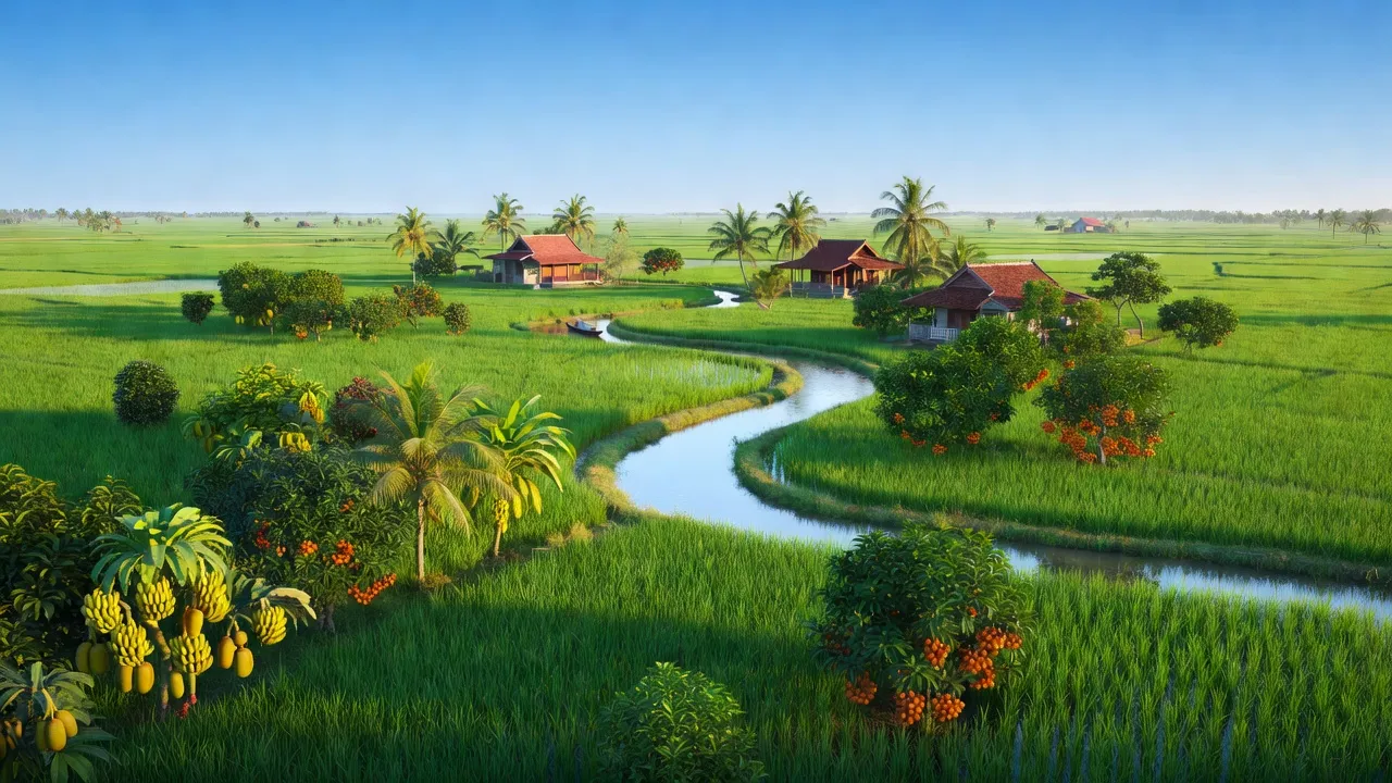 Khung cảnh đồng quê Vang Quới Đông, Bến Tre với ruộng lúa, sông Tiền và cây ăn trái.