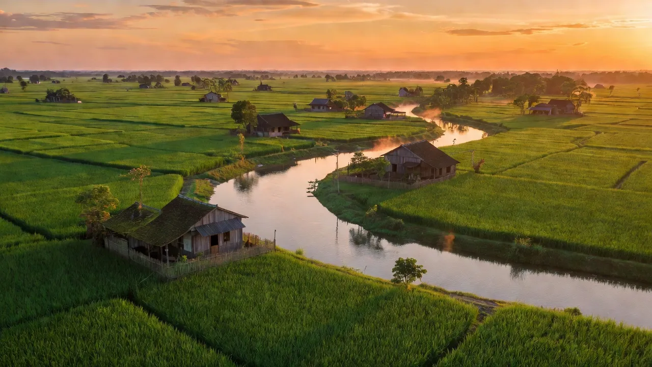 Cảnh sắc thiên nhiên xã Vang Quới Tây, huyện Bình Đại, Bến Tre với cánh đồng xanh và sông nước.