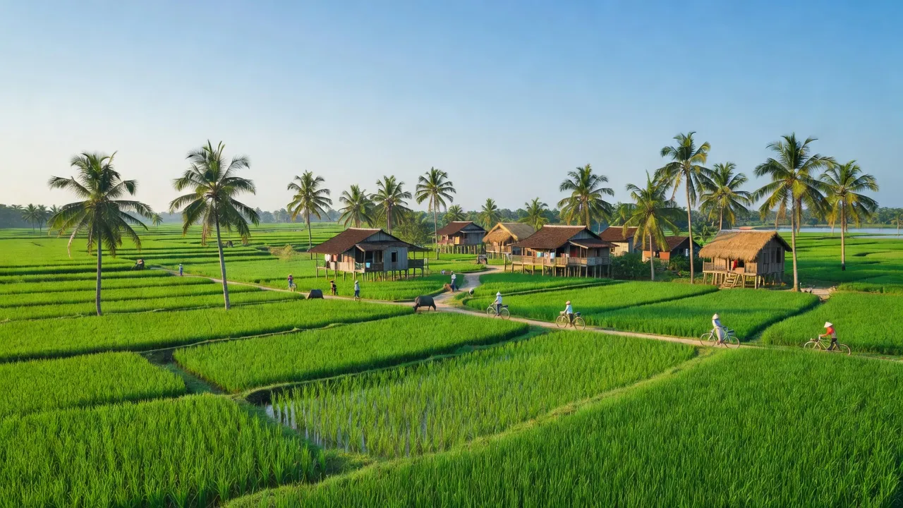 Châu Thành district, Bến Tre with lush rice fields, coconut trees, and traditional village scenery.