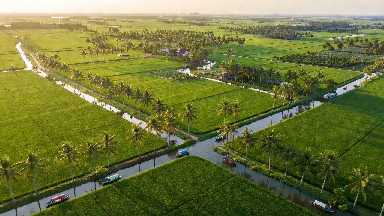 Huyện Châu Thành, Bến Tre với cánh đồng và cây dừa, biểu tượng của nông nghiệp và du lịch.