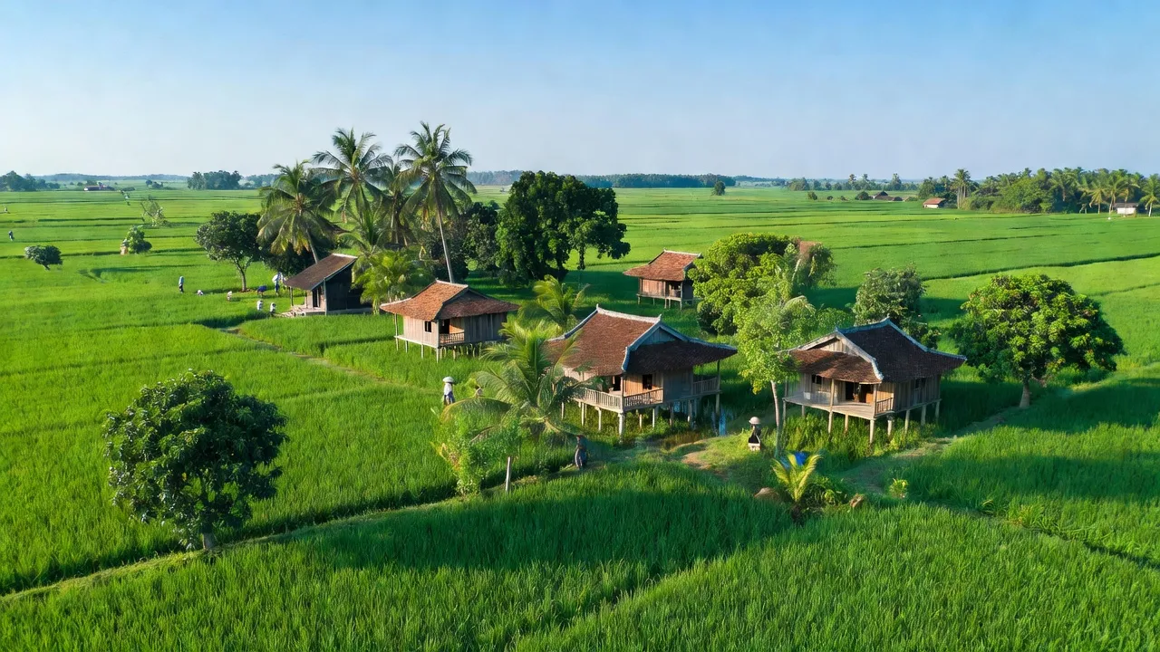 Cảnh đẹp xã An Phước, huyện Châu Thành, Bến Tre với ruộng xanh và nhà truyền thống.