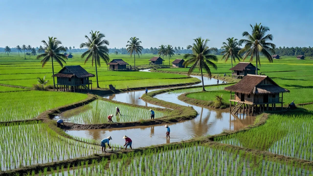 Khung cảnh yên bình ở xã An Phước, huyện Châu Thành, tỉnh Bến Tre với đồng xanh và nhà truyền thống.