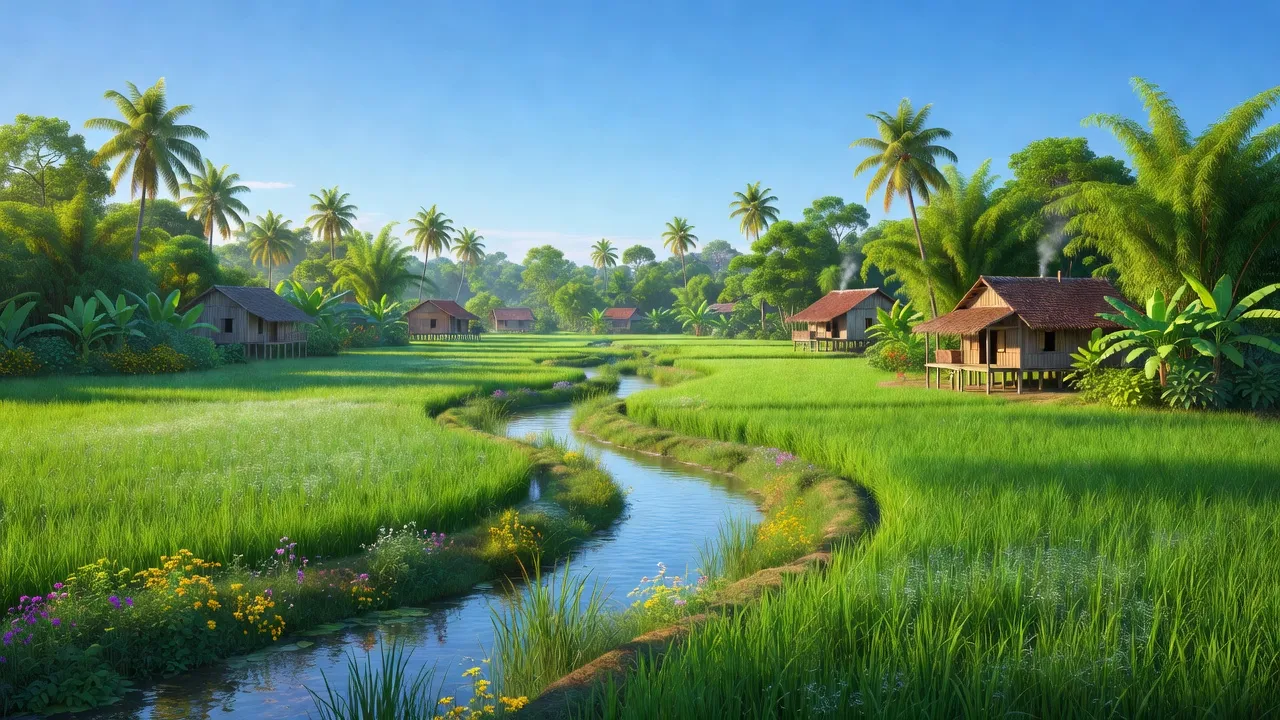 Cánh đồng xanh ở xã Hữu Định, huyện Châu Thành, tỉnh Bến Tre, với nhà dân và sông nhỏ.