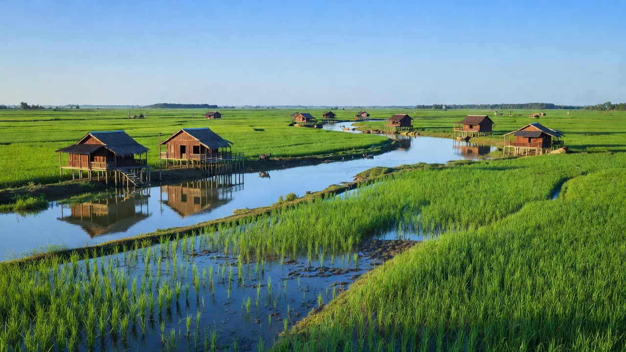 Cảnh làng quê xã Hữu Định, huyện Châu Thành, tỉnh Bến Tre với ruộng lúa và sông nước.