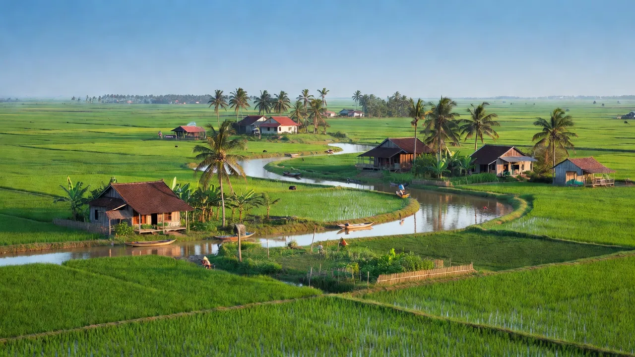 Phong cảnh xã Phú Đức, huyện Châu Thành, tỉnh Bến Tre với ruộng xanh và sông, thể hiện đời sống nông thôn.