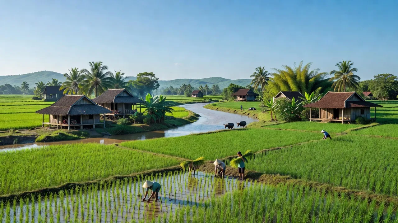 Cảnh nông thôn Xã Phú Túc, huyện Châu Thành, Bến Tre với ruộng xanh và nhà truyền thống.