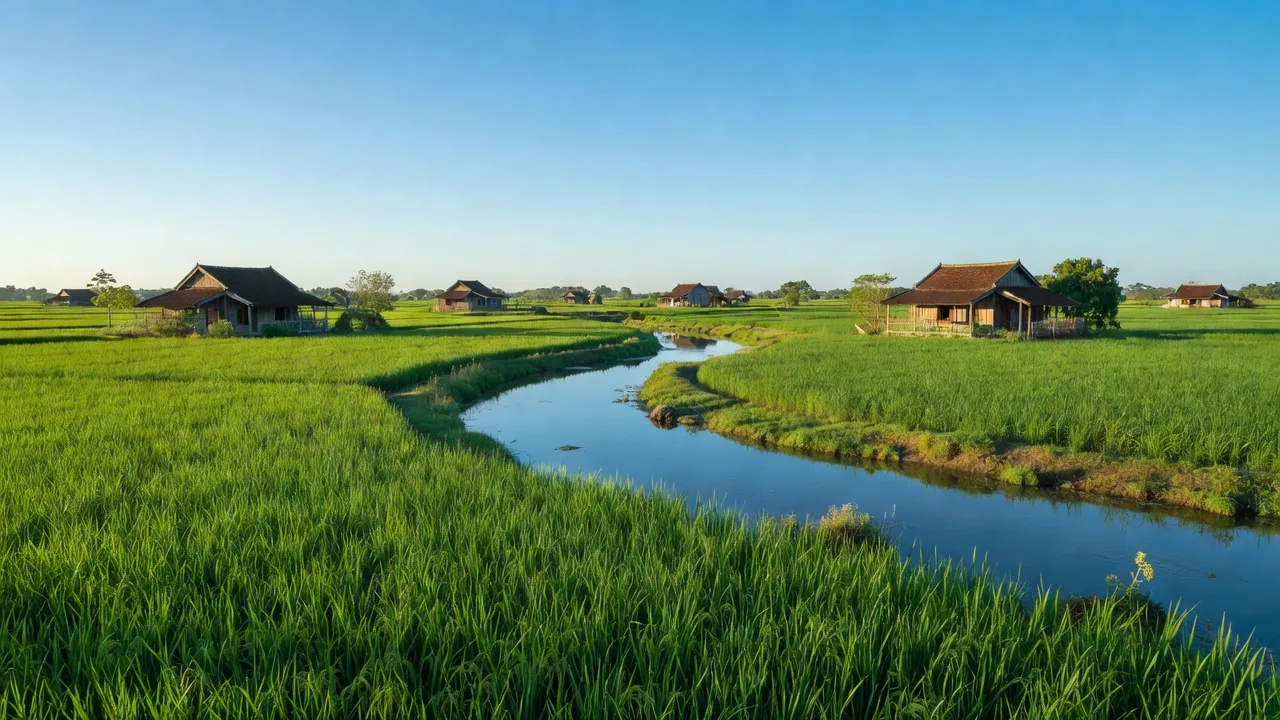 Cảnh đẹp Xã Phước Thạnh, Huyện Châu Thành, Bến Tre với ruộng lúa xanh và sông yên bình.