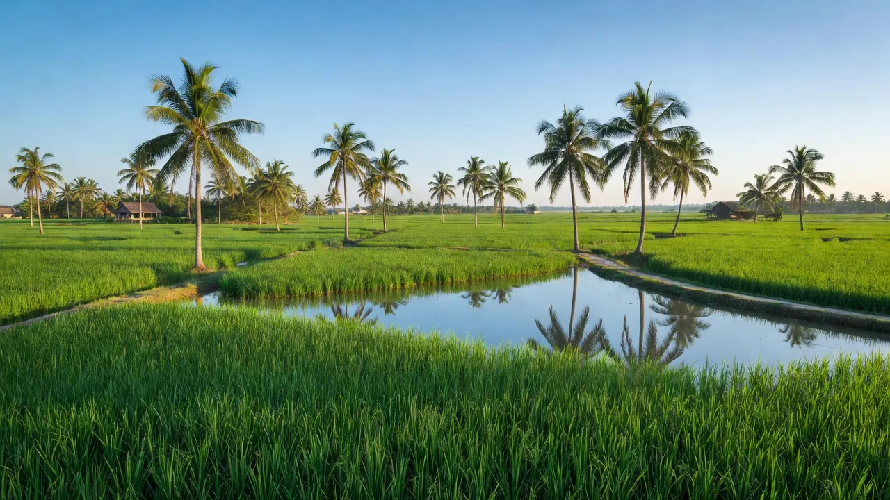 Khung cảnh yên bình của xã Phước Thạnh, huyện Châu Thành, tỉnh Bến Tre với cánh đồng lúa và cây cọ.
