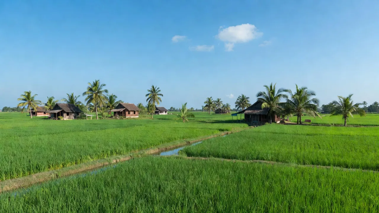 Cảnh đẹp xã Quới Sơn, huyện Châu Thành, tỉnh Bến Tre với cánh đồng xanh và nhà truyền thống.