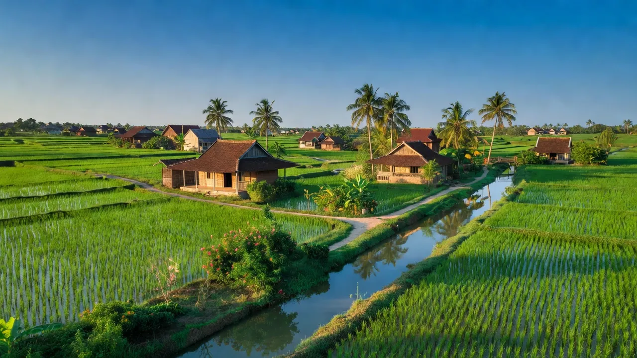 Khung cảnh làng Quới Sơn, huyện Châu Thành, Bến Tre với cánh đồng xanh và nhà truyền thống.