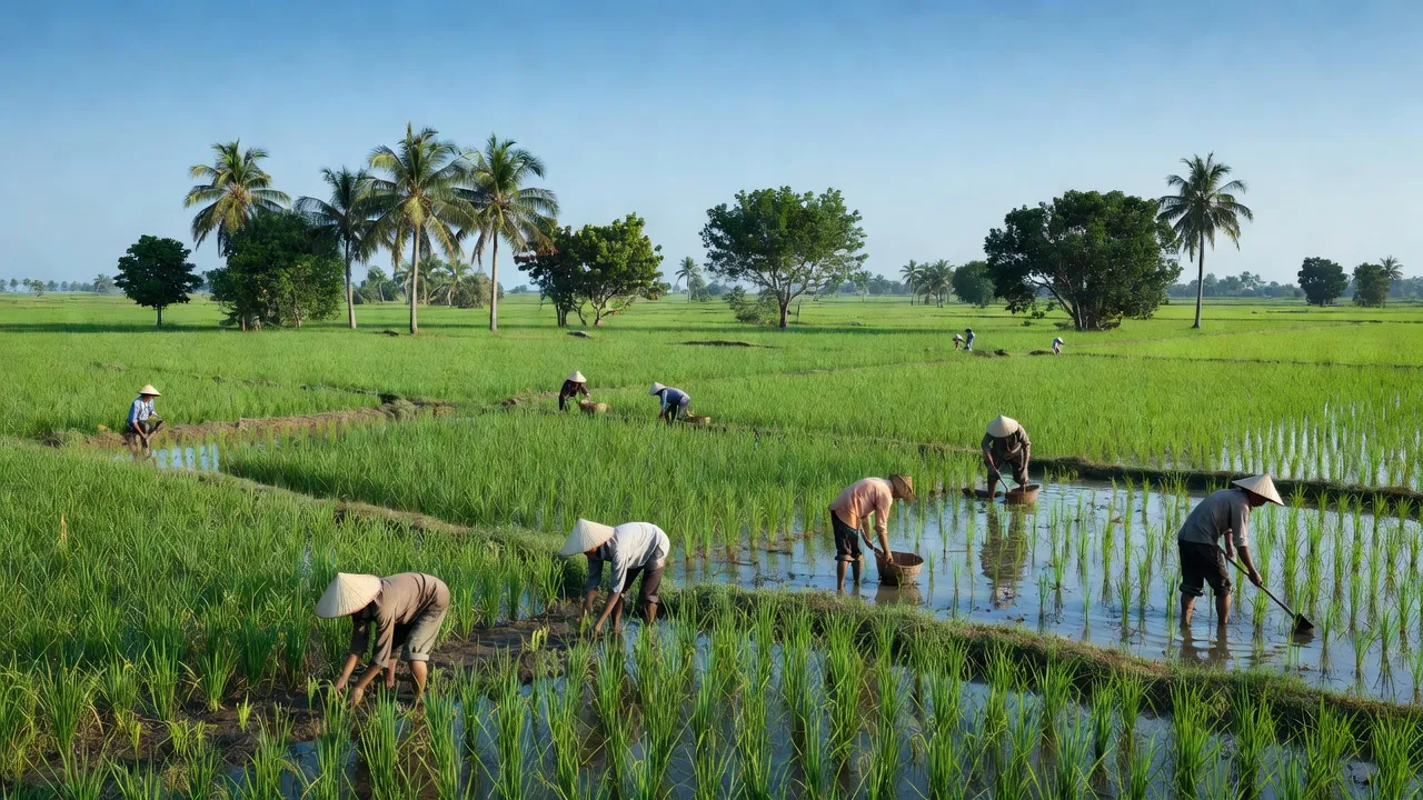 Khung cảnh yên bình xã Quới Thành, huyện Châu Thành, tỉnh Bến Tre với đồng lúa và cây ăn trái.