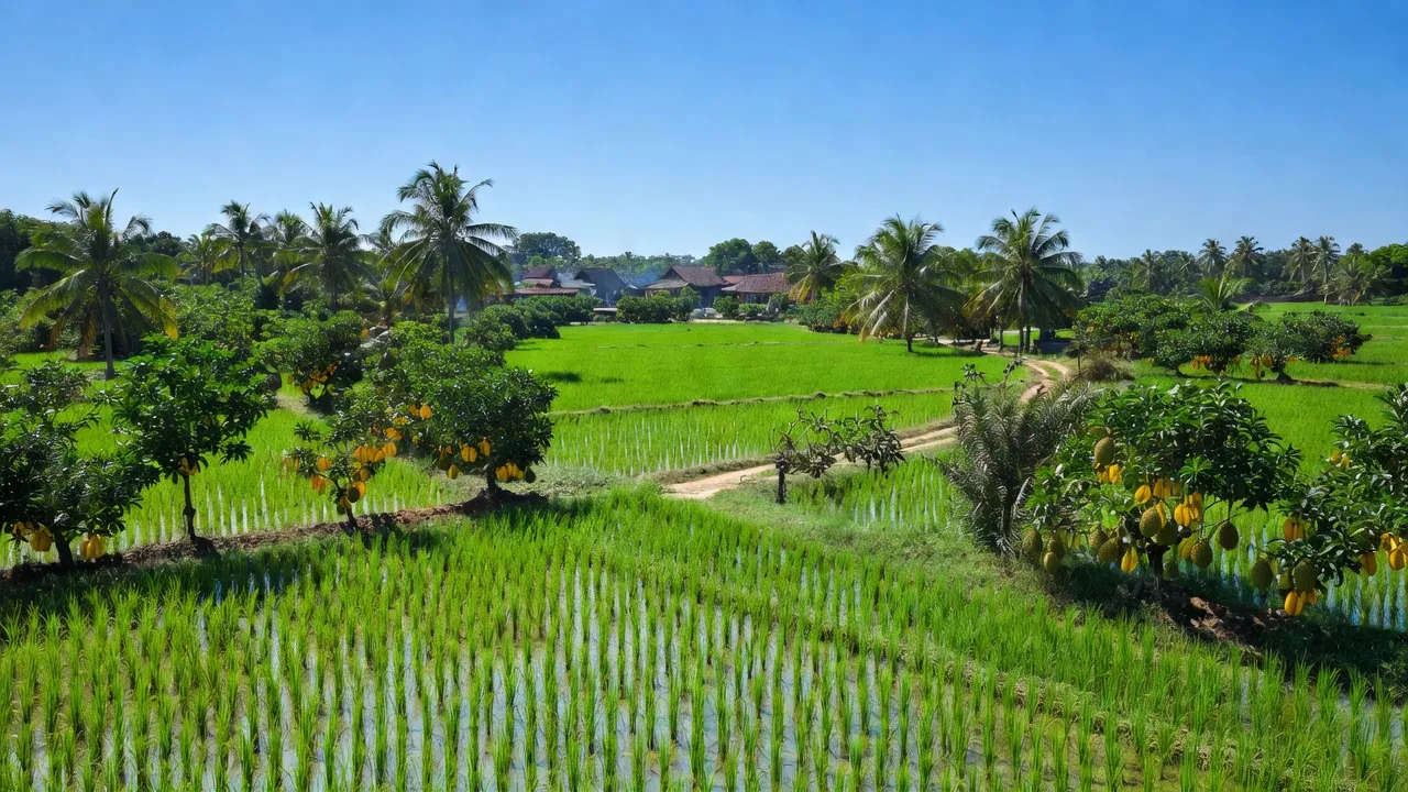 Quới Thành, Châu Thành, Bến Tre, rice fields, tropical orchards, vibrant green landscape under blue sky.