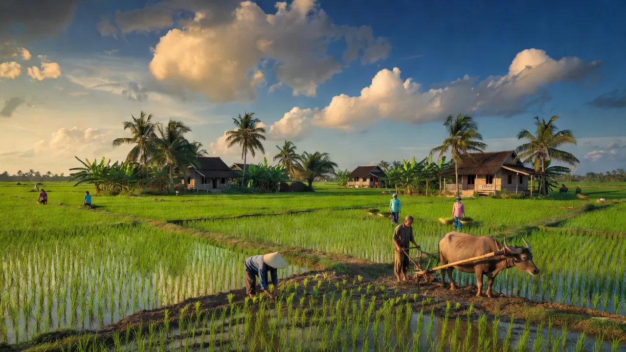 Cảnh quan xã Tam Phước, huyện Châu Thành, tỉnh Bến Tre với đồng ruộng xanh mướt và nhà truyền thống.