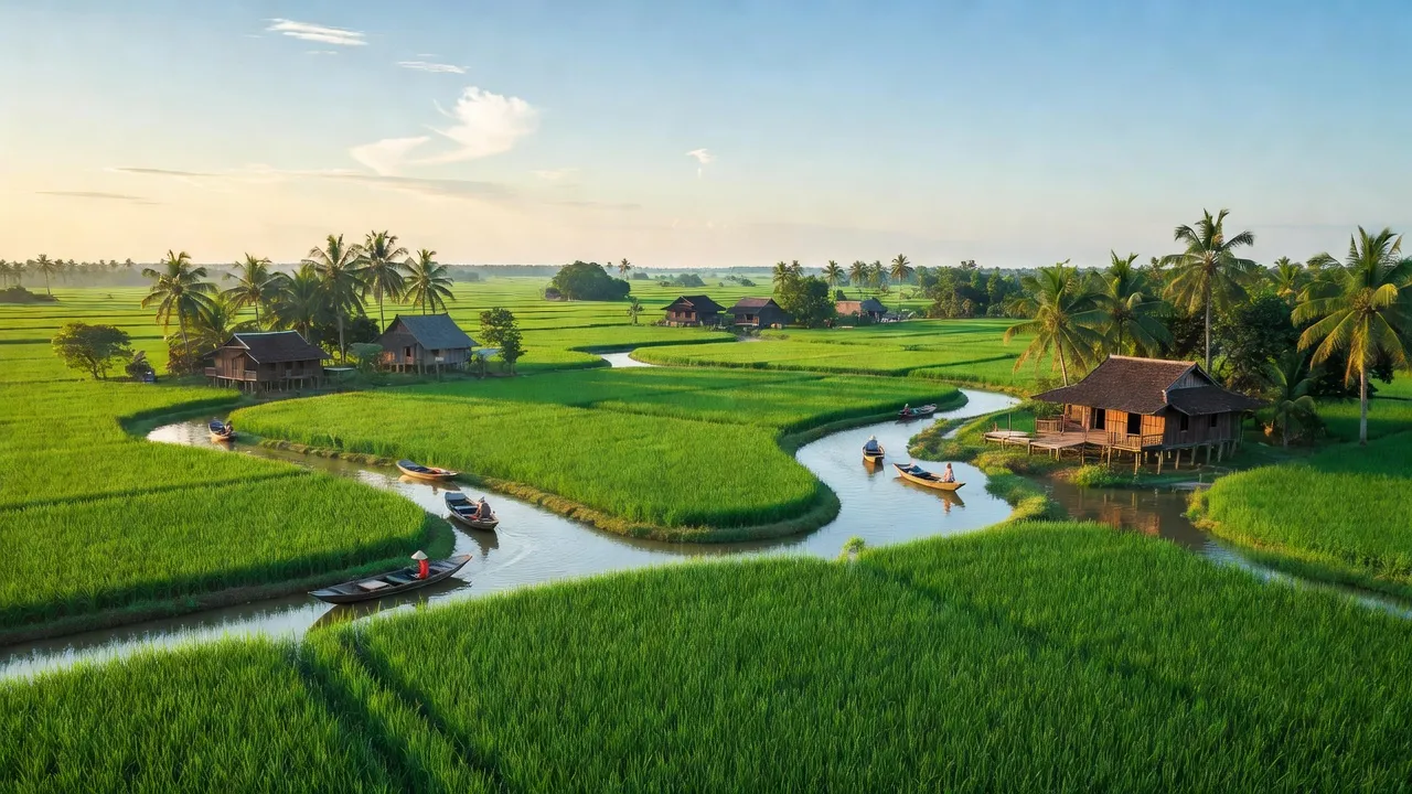 Cảnh đẹp xã Tân Phú, huyện Châu Thành, tỉnh Bến Tre với đồng ruộng và kênh rạch.