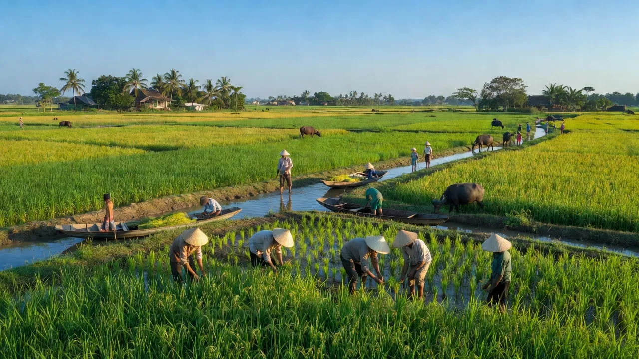 Cảnh đồng ruộng xanh tươi tại xã Tân Phú, huyện Châu Thành, tỉnh Bến Tre, với kênh rạch điển hình.