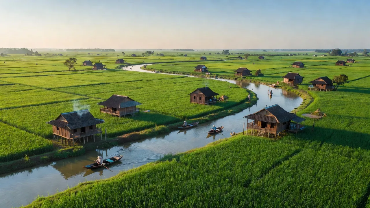 Cảnh đồng xanh và sông rạch của xã Tân Thạch, huyện Châu Thành, tỉnh Bến Tre, sắc màu đồng bằng sông Cửu Long.