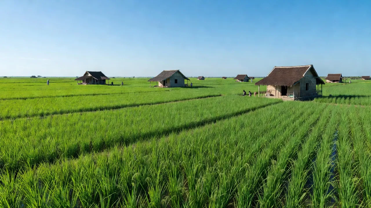 Cảnh đồng lúa xanh tươi ở xã Thành Triệu, huyện Châu Thành, tỉnh Bến Tre, Việt Nam.