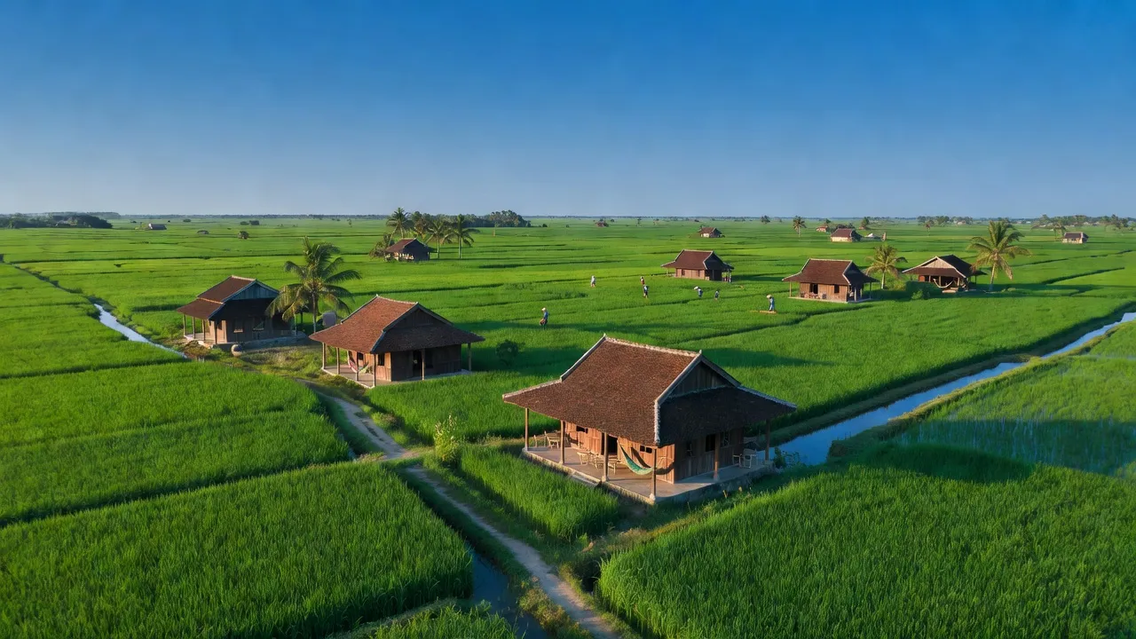 Khung cảnh Xã Thành Triệu, huyện Châu Thành, tỉnh Bến Tre với ruộng xanh và nhà truyền thống.