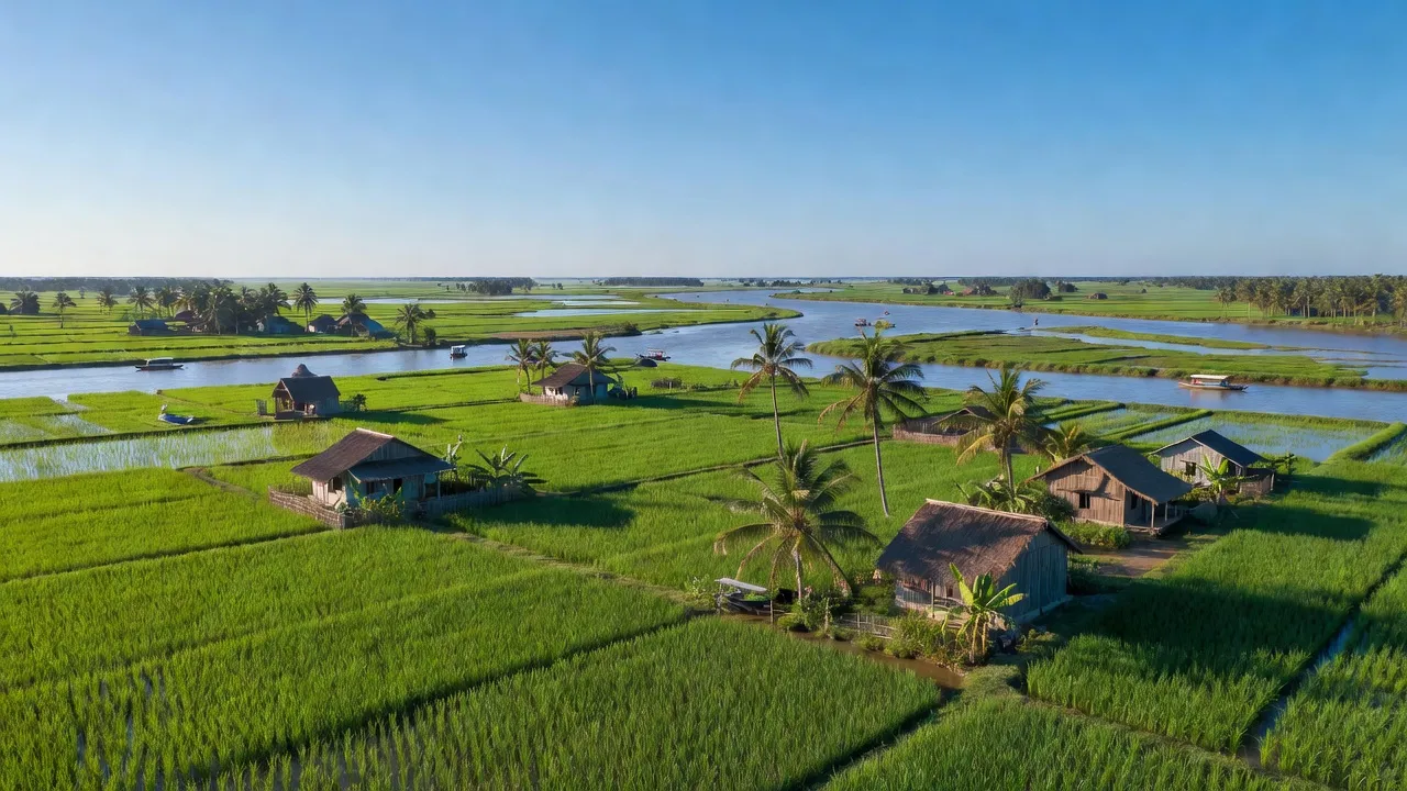Cảnh đẹp xã Tiên Long, huyện Châu Thành, Bến Tre với cánh đồng xanh và nhà truyền thống.