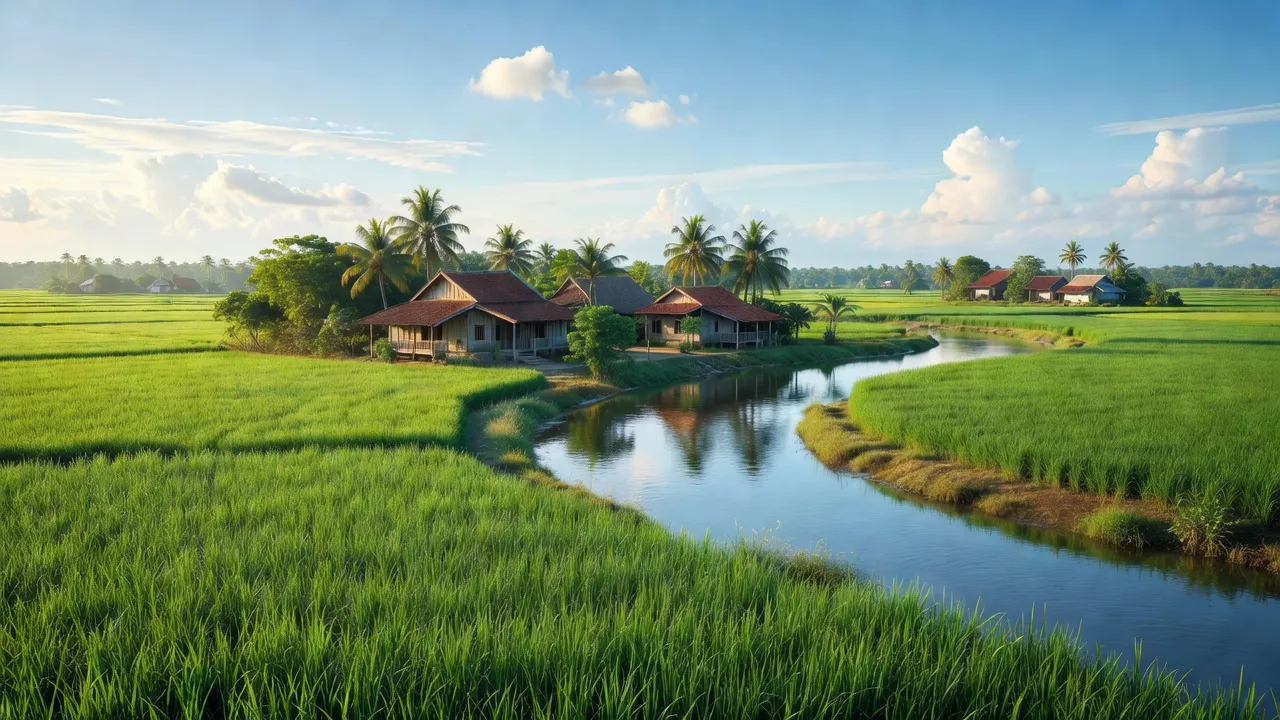 Cảnh quan Tường Đa, huyện Châu Thành, Bến Tre với cánh đồng xanh và dòng sông êm đềm.