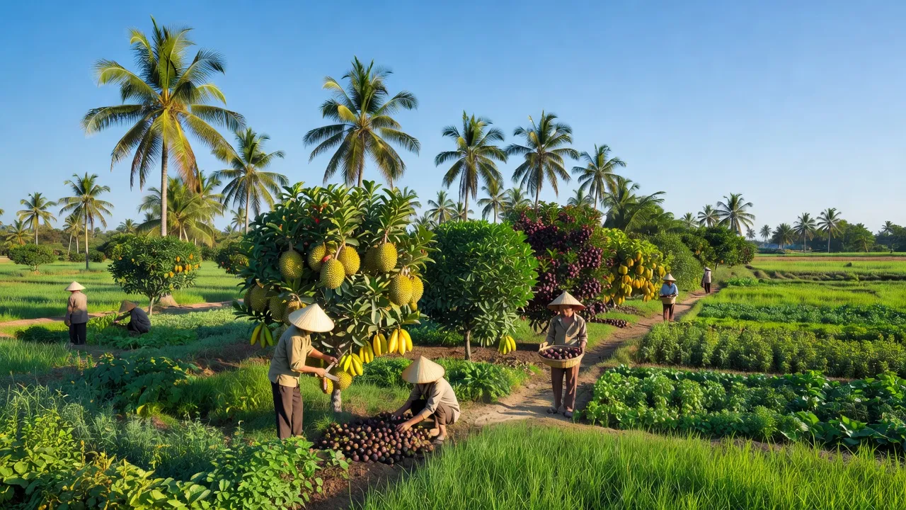 Quang cảnh huyện Chợ Lách, Bến Tre với vườn cây ăn trái và nông trại xanh tươi.