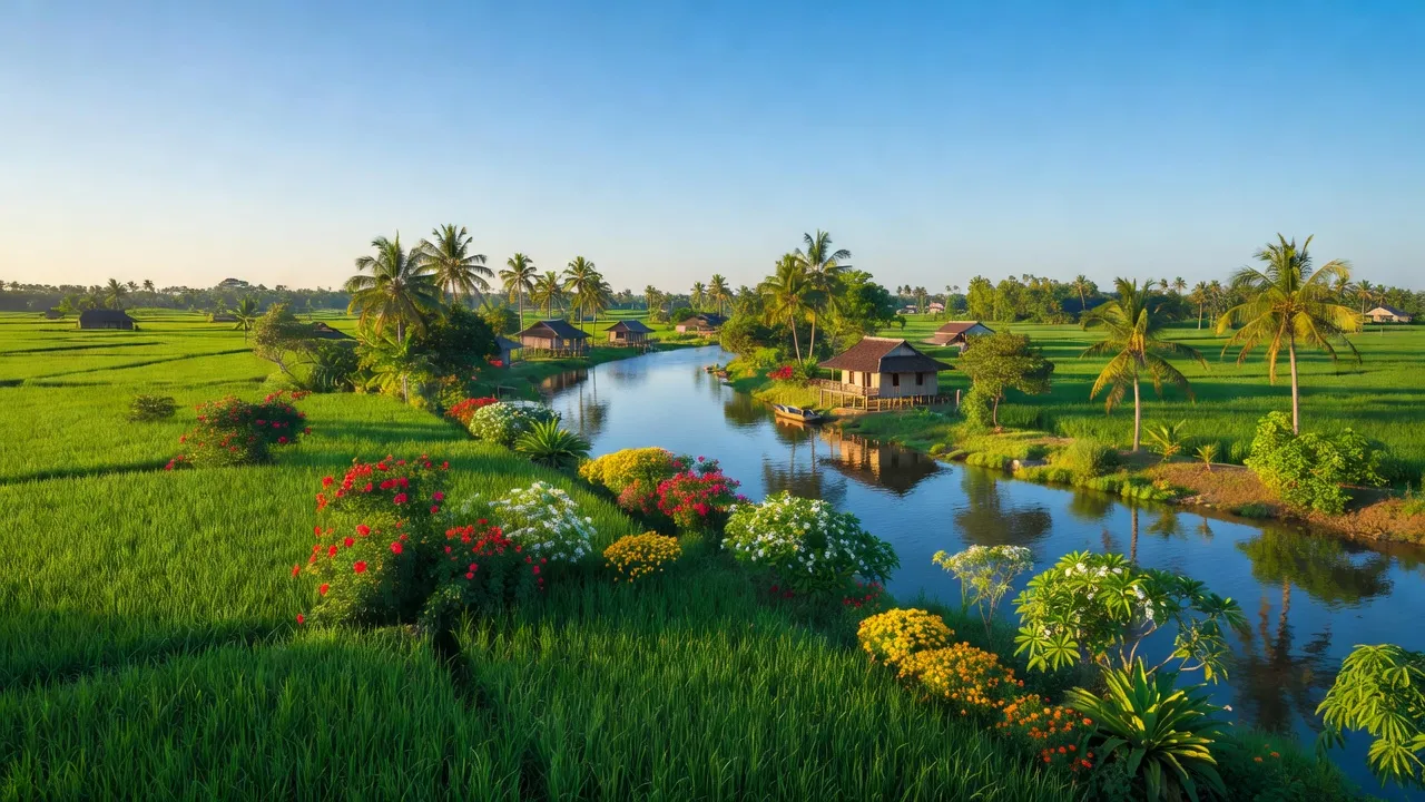 Cảnh quan xã Hòa Nghĩa, huyện Chợ Lách với cánh đồng xanh và hoa kiểng, đẹp tự nhiên.
