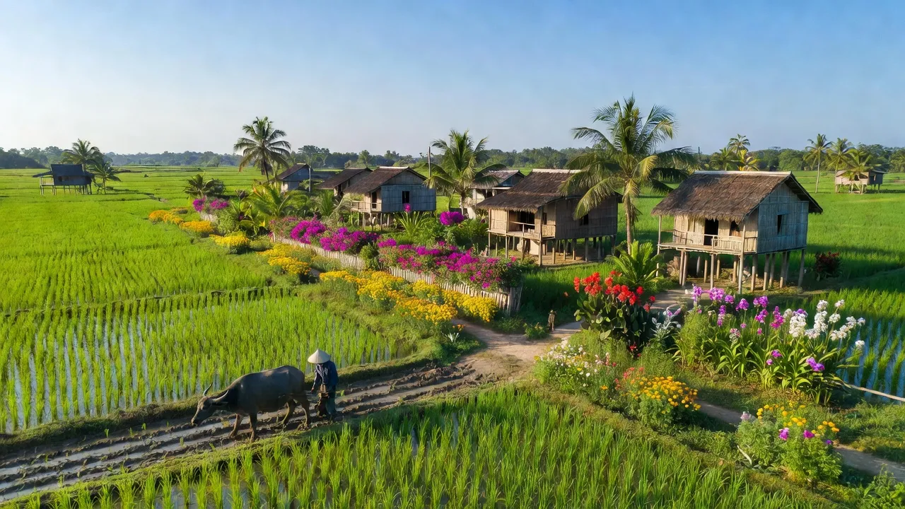 Cảnh sắc xã Hòa Nghĩa, huyện Chợ Lách, Bến Tre với đồng xanh và cây giống hoa kiểng.