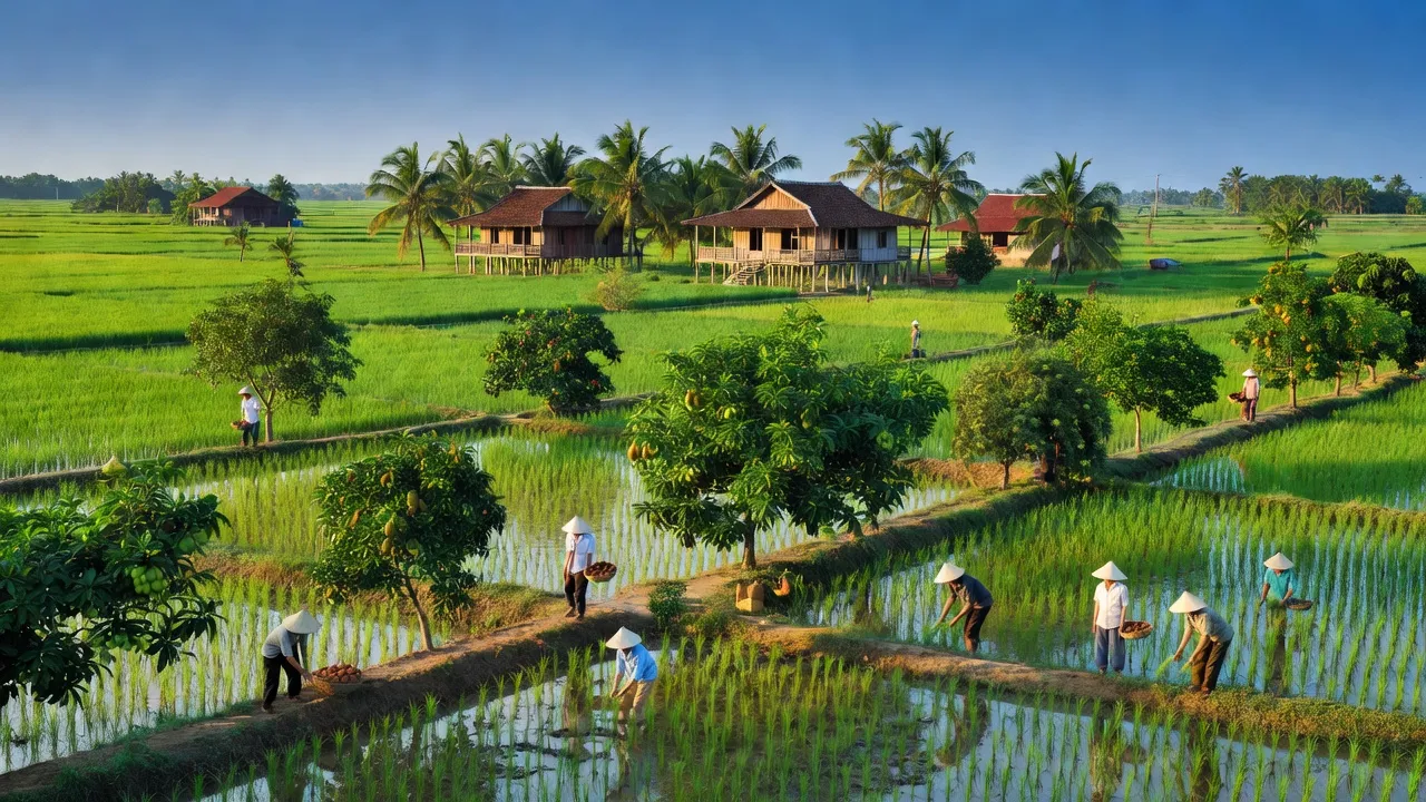 Cảnh sắc Xã Hưng Khánh Trung B, huyện Chợ Lách, Bến Tre với vườn trái cây và ruộng lúa.