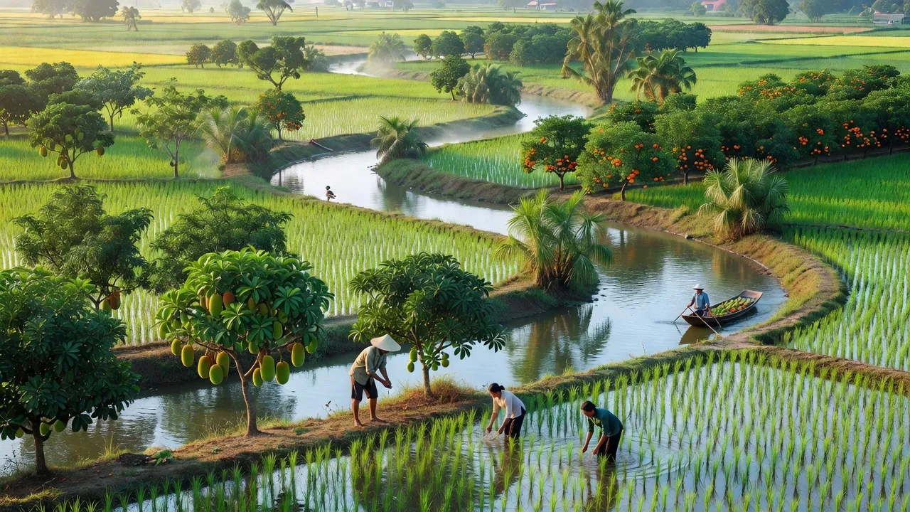 Khung cảnh nông nghiệp xã Hưng Khánh Trung B, cây ăn trái và lúa nước ở Chợ Lách, Bến Tre.