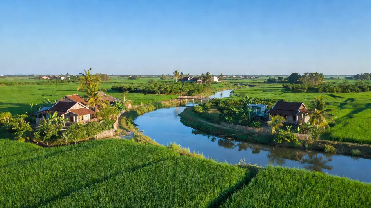 Cảnh sắc Xã Long Thới, Huyện Chợ Lách, Bến Tre với cánh đồng xanh và dòng sông thanh bình.