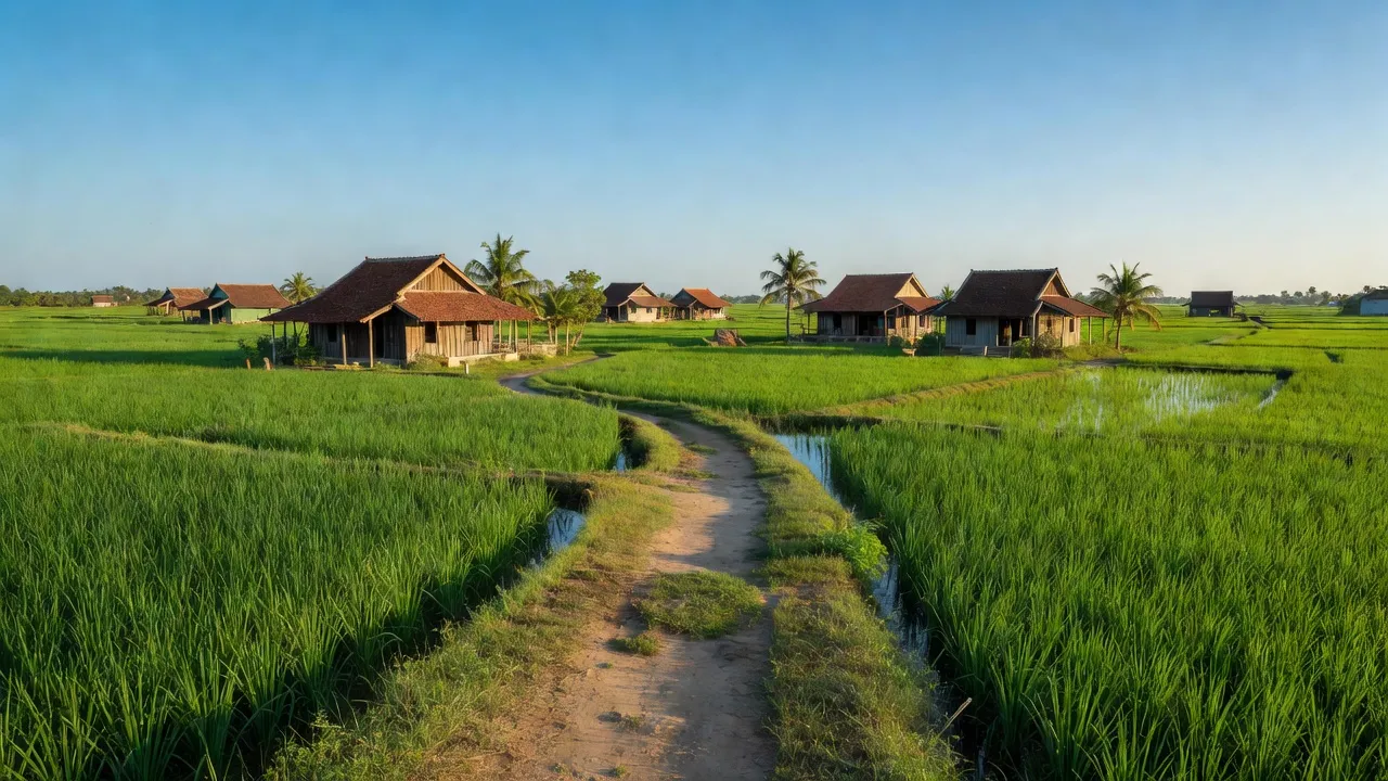 Cảnh sắc xã Long Thới, huyện Chợ Lách, tỉnh Bến Tre với đồng xanh và nhà truyền thống.