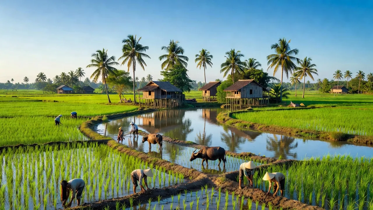 Cánh đồng xanh mướt và nhà truyền thống ở xã Phú Phụng, huyện Chợ Lách, Bến Tre, Việt Nam.
