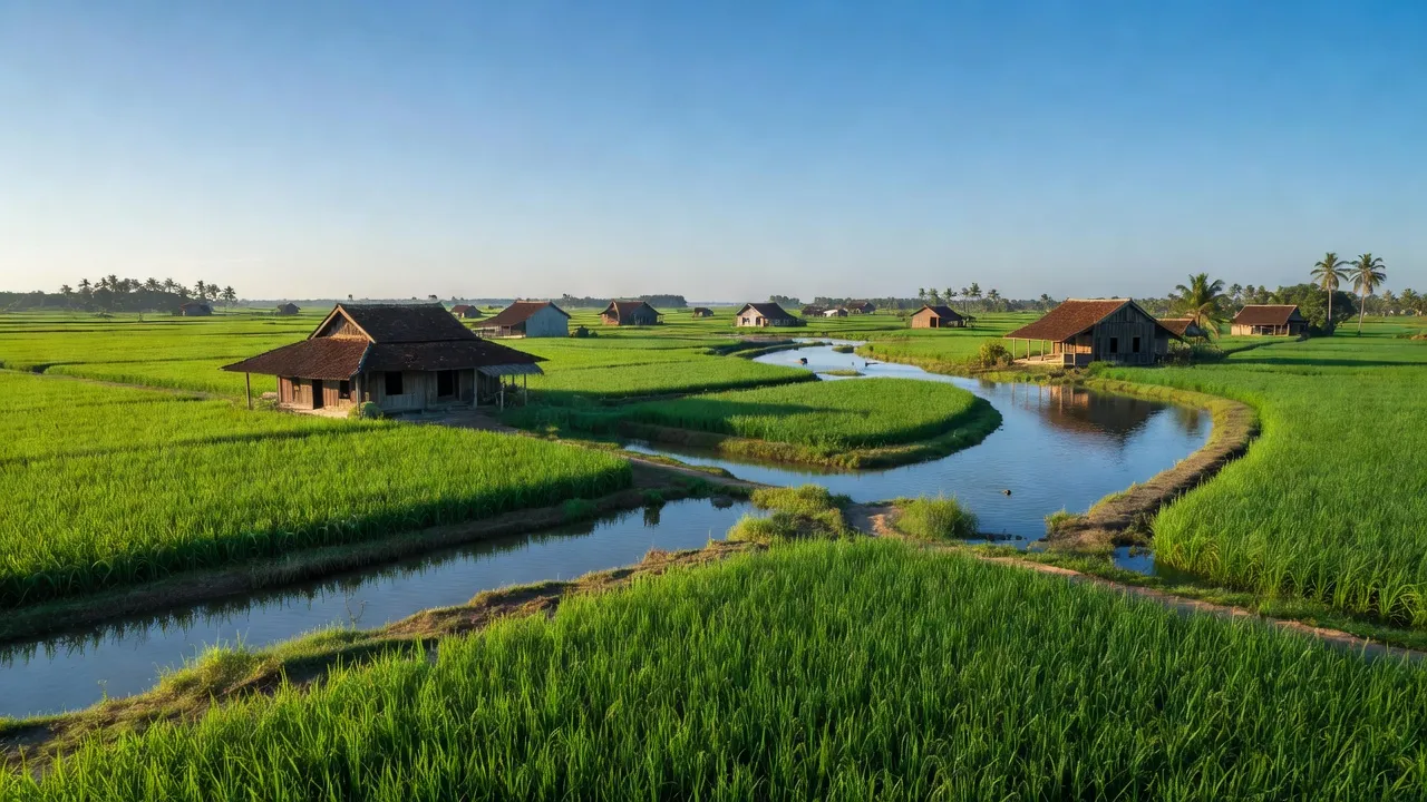 Sơn Định, Chợ Lách, Bến Tre with lush rice fields and traditional houses, depicting rural life.