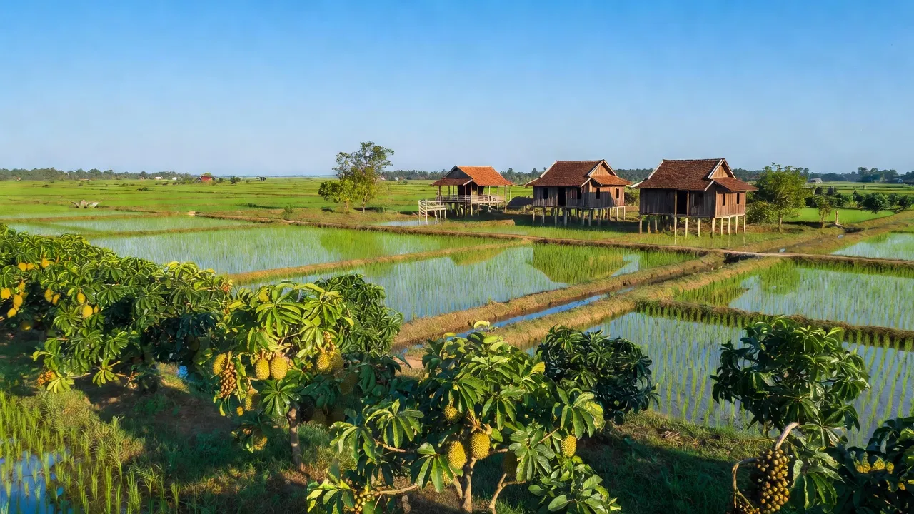 Khung cảnh xã Tân Thiềng, huyện Chợ Lách, Bến Tre với vườn trái cây xanh mướt và nhà truyền thống.