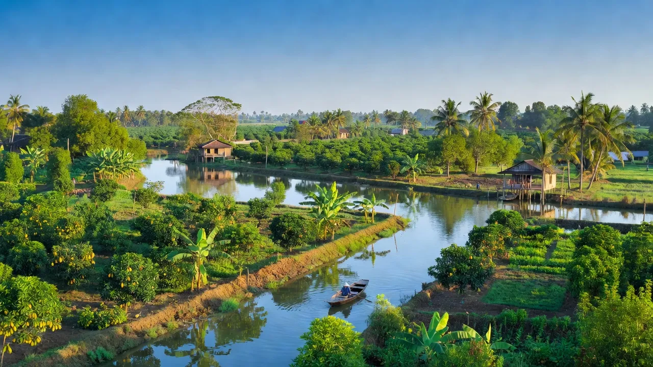 Vĩnh Bình, Chợ Lách, Bến Tre với vườn cây ăn trái và phong cảnh sông nước miền Tây.