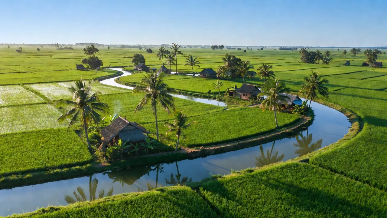 Khung cảnh nông nghiệp huyện Giồng Trôm, tỉnh Bến Tre với cánh đồng xanh và kênh rạch.